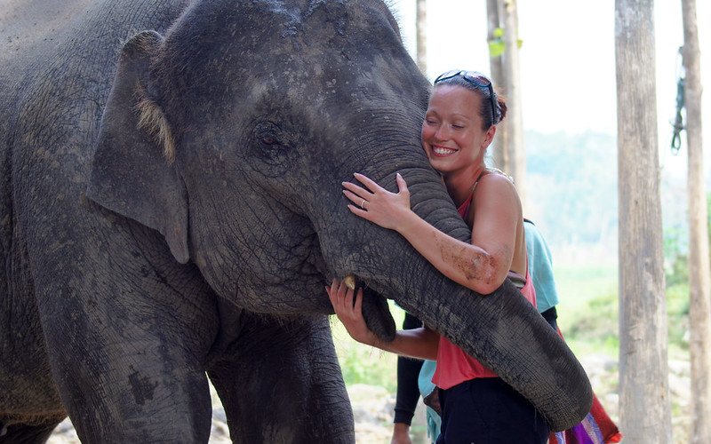 women showing affection towards elephant